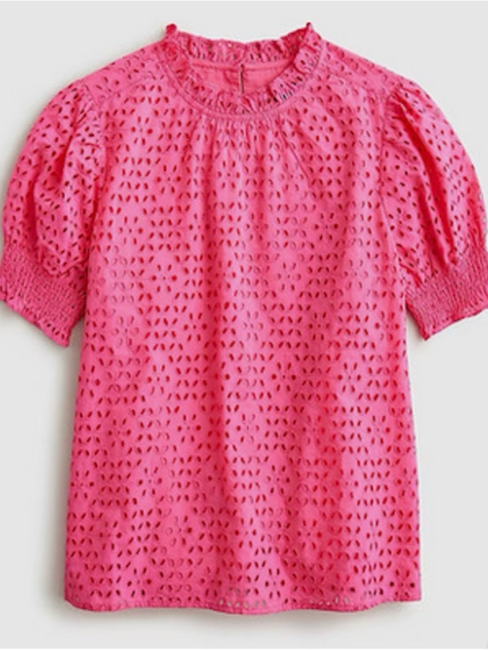 J. Crew Pink Eyelet Ruffled Mock Neck Puff Sleeve Blouse